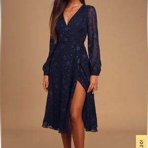 Navy Floral Wrap Midi Dress lulus